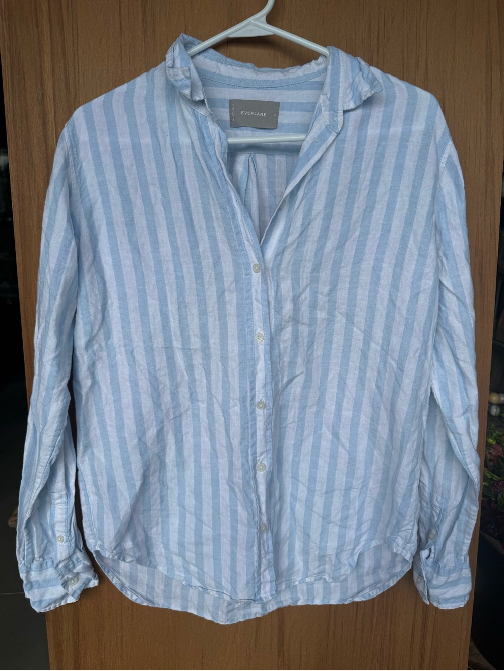 Everlane 100% Linen Button Down Shirt Blue White Striped Long Sleeve Size 2